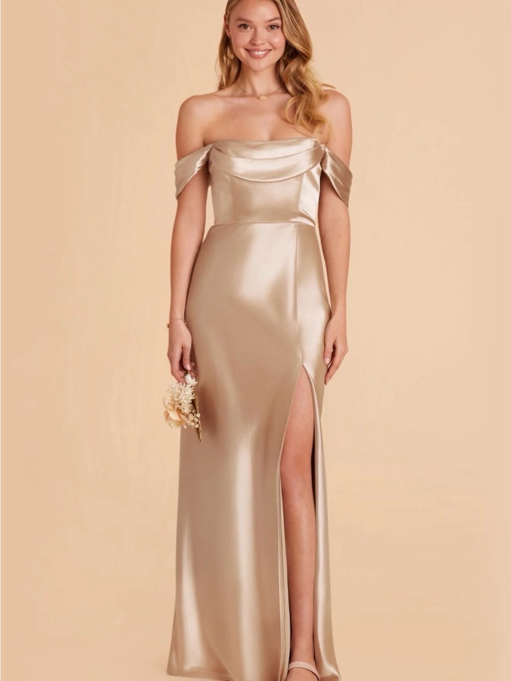 Birdy Grey Mia Shiny Satin Dress Neutral Champagne Off Shoulder